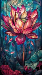 Wall Mural - A beautiful flower with a pink center and green leaves