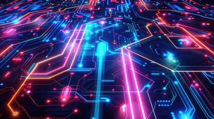 Wall Mural - An intricate neon line representation of a futuristic circuit board with glowing pathways and detailed patterns.