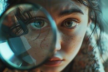 Wall Mural - close-up view of a person studying an object or detail with a magnifying glass, ideal for use in edu