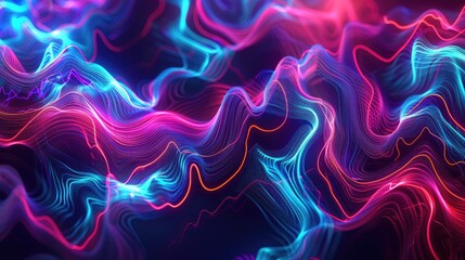 Wall Mural - An intricate neon wave design featuring undulating patterns and glowing currents, forming a captivating and fluid visual effect.