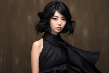 Canvas Print - beautiful Japanese female model in black dress, short hair