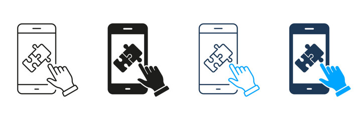 Poster - Puzzle Game in Smartphone Icon. Online App Jigsaw in Cellphone Pictogram. Mobile Phone with Digital Puzzle Sign. Editable Stroke. Isolated Vector Illustration