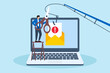 © VZ_Art - Flat illustration of man with scissors cuts phishing email on laptop screen cyber awareness and fraud protection