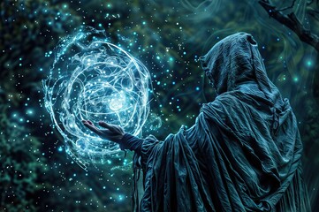 The mystical figure of a sorcerer in a flowing robe with a hood holds a luminous ball of energy located against a cosmic background of stars and nebulae.