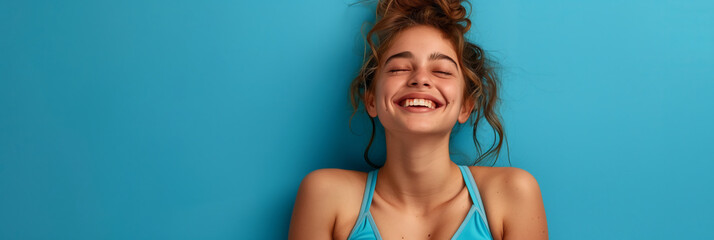 Wall Mural - Caucasian female athlete smiling with confidence on blue background.