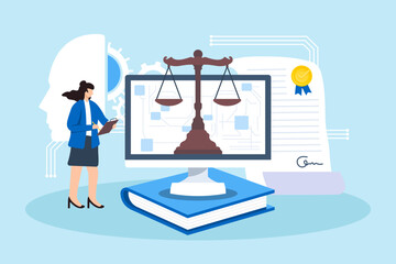 Poster - Flat illustration of woman ensuring compliance with regulations following security laws and legal adherence