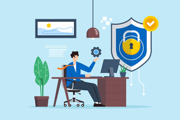 Poster - Flat illustration of man managing cybersecurity for remote work telecommuting security