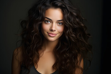 Wall Mural - close up portrait of a beautiful woman smiling and happy over dark background