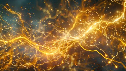 Wall Mural - Behold the mesmerizing dance of golden lightning energy against a dynamic backdrop, representing the intricate web of electrical signals firing between synapse and neuron cells in the brain, 