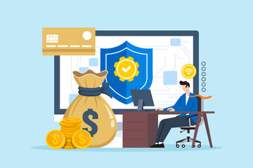 Fototapete - flat illustration of man managing cybersecurity for online financial institutions with shield