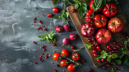 Wall Mural - Variety of fresh vegetables and fruits on a rustic surface