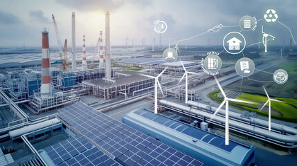 Poster - An industrial facility showcasing wind turbines and solar panels, with icons of renewable energy sources and sustainability certifications overlaying the scene.