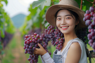 Asian woman holding grapes in hand in vineyard.