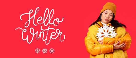 Poster - Young Asian woman in winter clothes with snowflake on red background