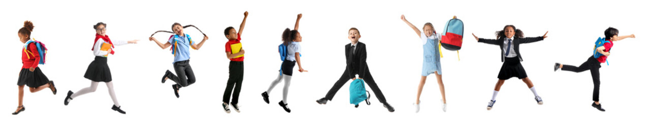 Wall Mural - Set of cute jumping schoolchildren on white background