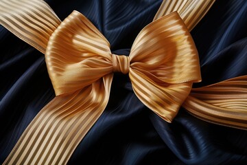 Wall Mural - A luxurious gold bow is tied to a smooth black satin material, perfect for weddings, parties or special occasions