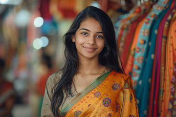 Wall Mural - Young Indian woman smiling with confidence in sari shop.