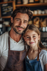 Wall Mural - Caucasian father and daughter hugging each other in his coffee shop.