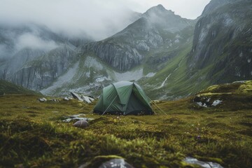 tranquil and peaceful mountain camping scene with a tent in the wilderness surrounded by nature, mis