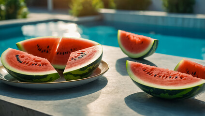 Canvas Print - piece of watermelon on the background of a swimming pool in summer