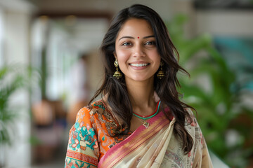 Wall Mural - Indian business woman wearing a sari working in the office.