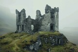 Mysterious medieval castle ruins shrouded in fog on a lush hill