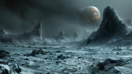 a dystopian solar planet with dark, stormy skies and a barren landscape