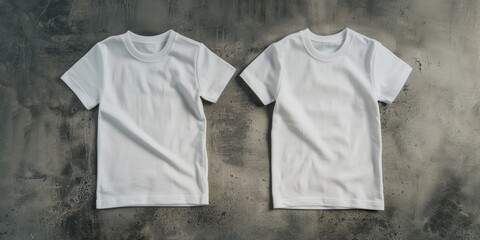 Two white t-shirts sit atop a concrete wall, with a minimalist aesthetic