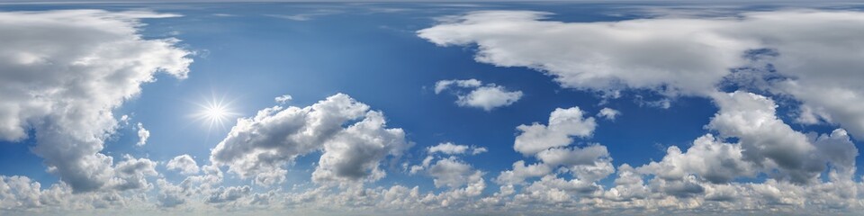 Wall Mural - 360 hdri blue sky panorama view with awesome white clouds with zenith for use in 3d graphics as sky 