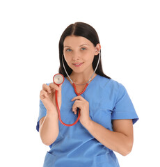 Poster - Female doctor with stethoscope on white background