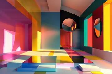 Poster - Vibrant 3d illustration of a modern, abstract geometric space with dynamic shapes and bright colors