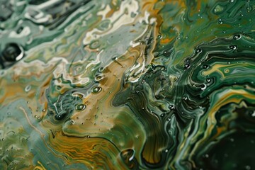 Poster - Artistic closeup of fluid art with green and orange swirls creating a marble effect