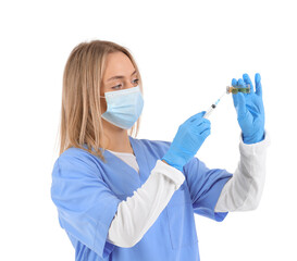 Canvas Print - Female nurse with ampule and syringe on white background. Vaccination concept