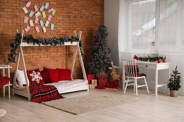 Poster - Interior of children's bedroom with Christmas trees and advent calendar