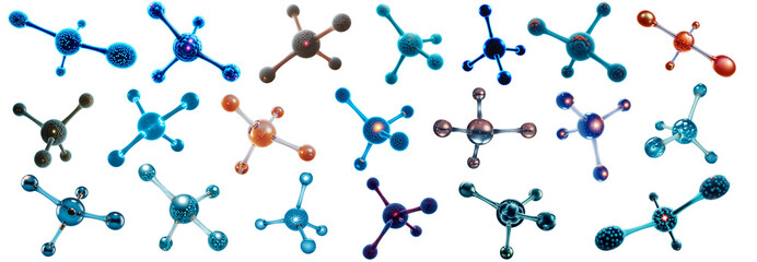 Molecular structure set: 20 isolated PNG molecules on a transparent background, ideal for chemistry and pharmaceutical research, featuring science nuclear structures.