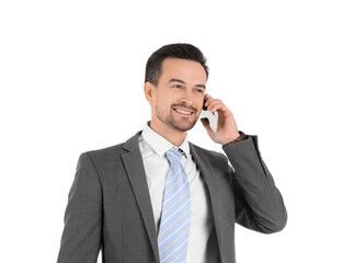 Poster - Handsome businessman in suit talking by mobile phone on white background