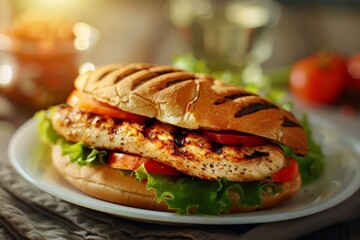 Wall Mural - Grilled chicken sandwich with lettuce and tomatoes on a plate.