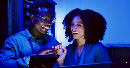 Canvas Print - People, technology or coding in server room with high five or success as computer engineer team in data center. Developer, tablet or collaboration on laptop, neon or it infrastructure for programming