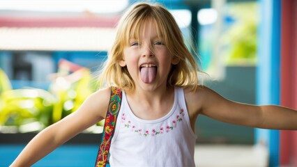 Poster - A young girl sticking out her tongue while wearing a white shirt, AI