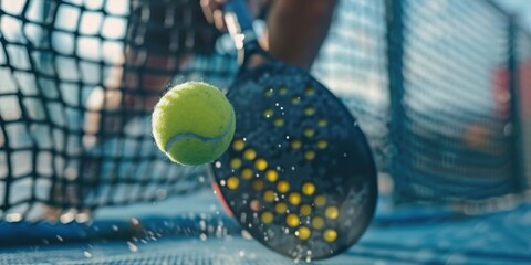 A tennis ball hits a tennis racket