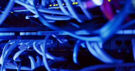 Leinwandbilder - Computer engineering, data centre and server room for network infrastructure and protection of company information. Business, IT support and modern internet, neon and rows of wires for connection