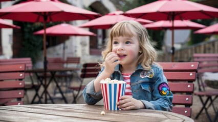 Wall Mural - A little girl sitting at a table eating popcorn and drinking soda, AI