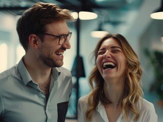 a happy couple laughing together in a modern office setting