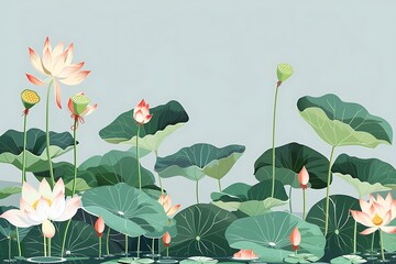 Canvas Print - A minimal floral vector, whimsical lotus flowers, serene water garden