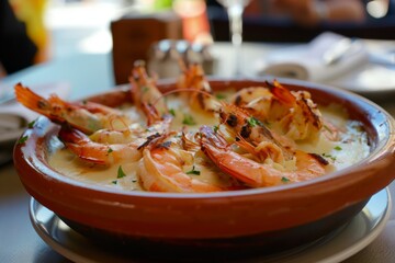 Wall Mural - Cooked shrimp in a creamy sauce served in a clay pot.