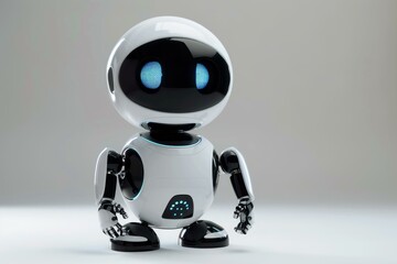 Poster - 3drendered robot with big blue digital eyes stands on a neutral background