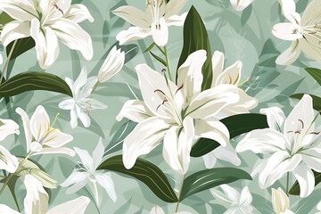 Canvas Print - A minimal floral vector, delicate lily patterns, white and green