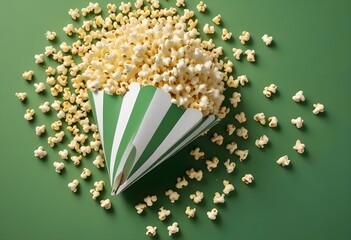 A close-up view of a striped paper container or bowl filled with fresh butter popcorn kernels against a bright satin velvet like green screen background