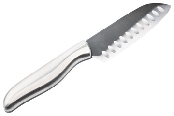 Knife. Stainless steel Knife. New chef or butcher knife. Professional equipment on kitchen. Knife for slice vegetable or meat. One piece of kitchenware, cookware. Table setting. Isolated background