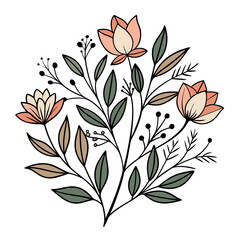 Poster - A stylized botanical design features a sprig with green leaves and pink blossoms.